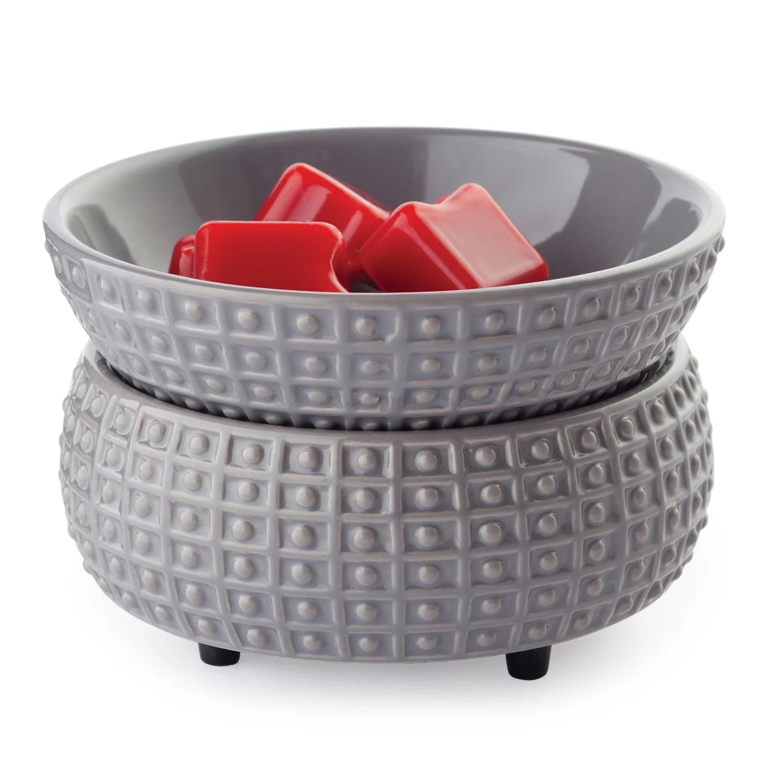 Elektrische Slate Geurwarmer met uitneembare schaal en tegelpatroon. Leisteen grijs keramiek met rode wax melts.